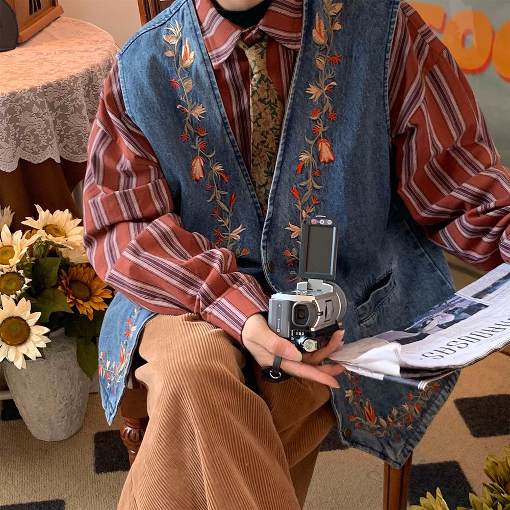 Cottagecore Embroidery Denim Vest